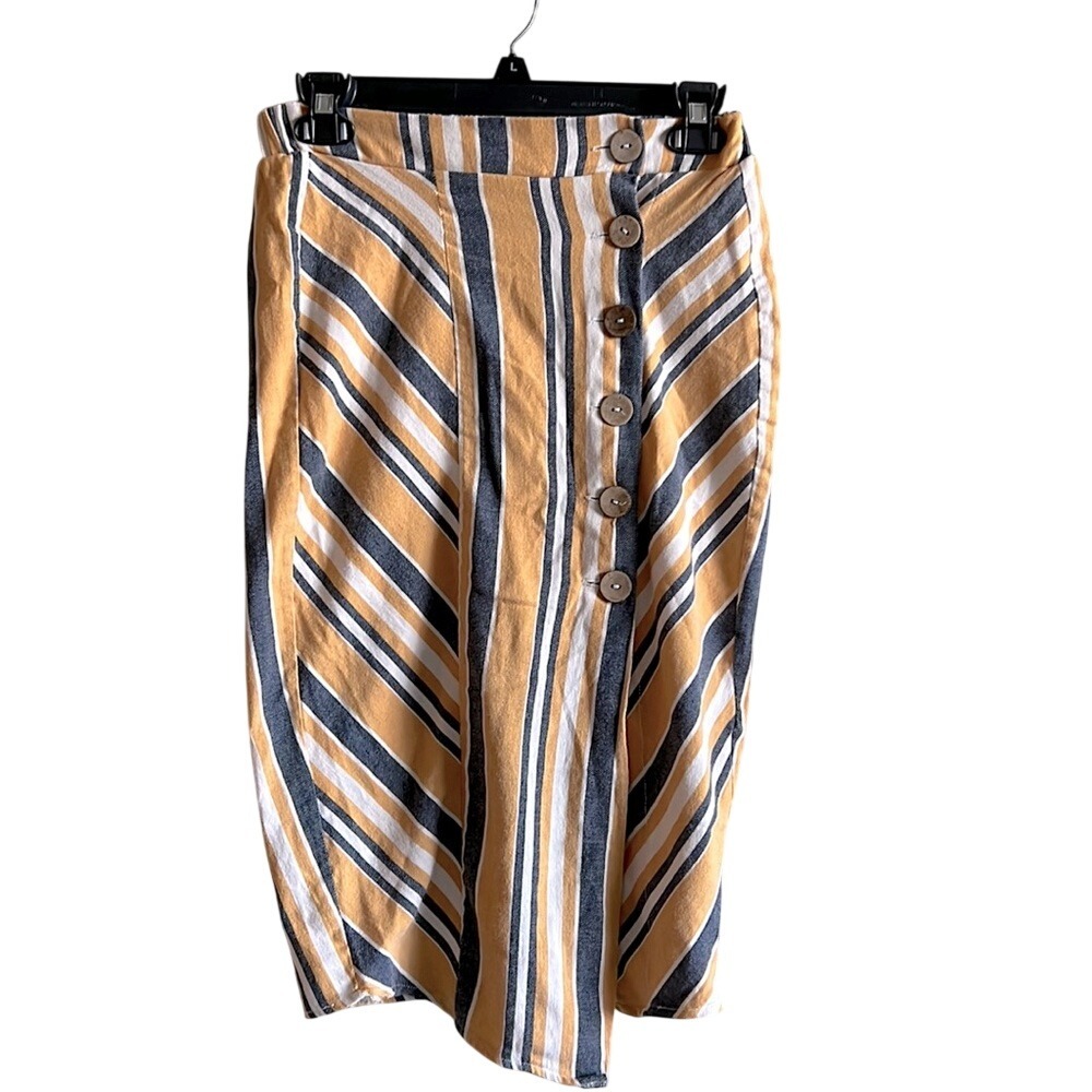 Haute Monde‎ Striped Faux Wrap Midi Skirt Mustard Navy White Button Detail Small